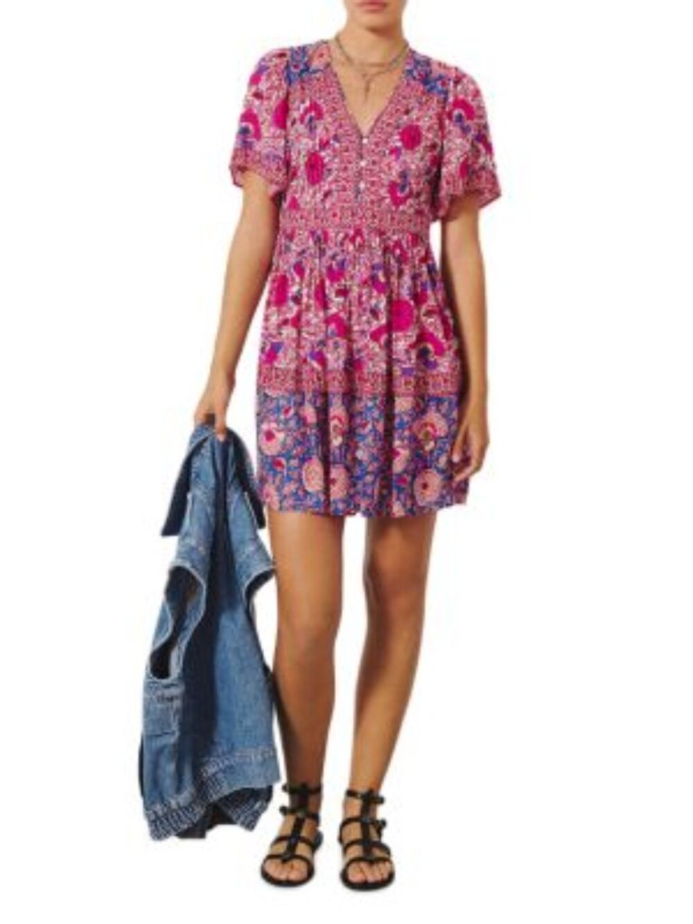 BA&SH Valia Printed paisley block print floaty cotton Mini Dress bohemian XS